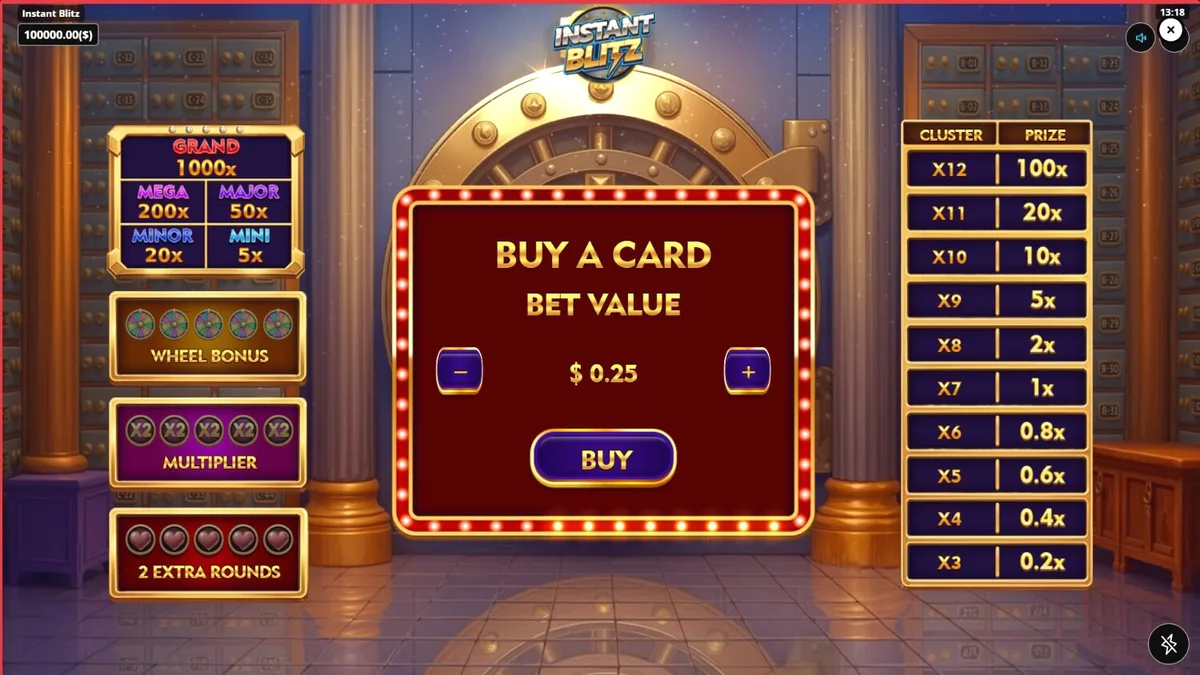 Tampilan antarmuka slot Instant Blitz dengan tema brankas neon