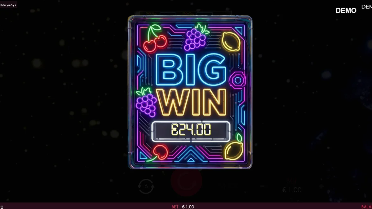 Tampilan visual slot Turbo Fortune Cherryways dengan tema neon dan buah-buahan